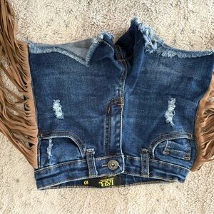 Fringe Denim Vest with Distressed Details